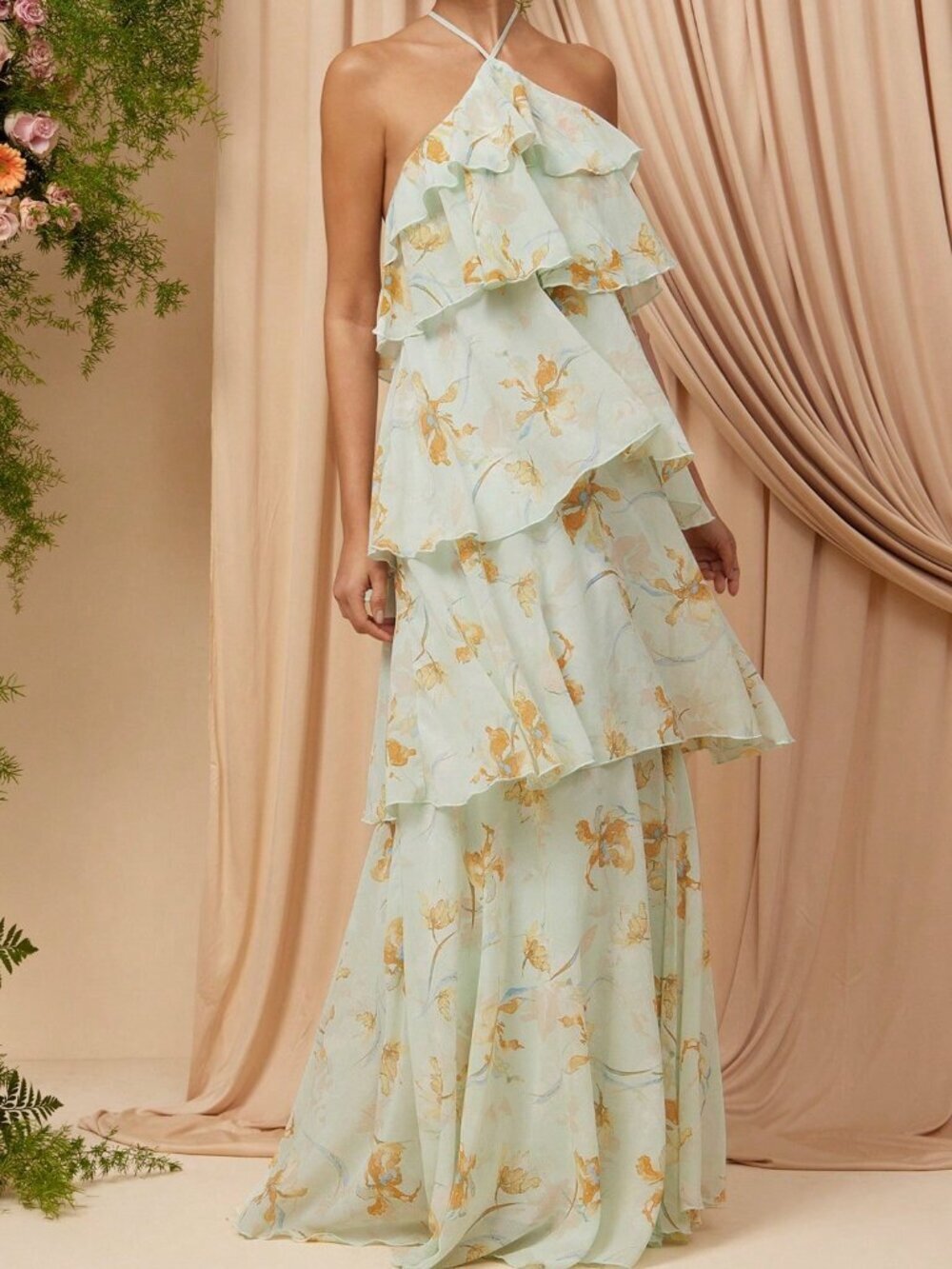 Green Boho Women's Halter Neck Ruffle Floral Chiffon Backless Dress - Picture 8 of 8